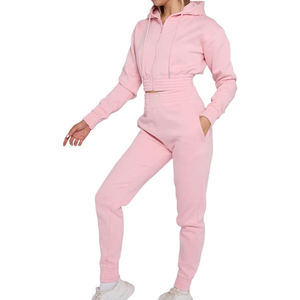 Women Pink <b>Cropped</b> Hoodie <b>Jogger</b> Pants Tracksuit Set Casual Athletic Sportswear Workout Outfit Full Length Solid Color - Product Image 5
