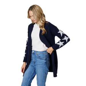 Cárdigan Largo de Punto para Mujer, Azul Marino con Diseño de Estrellas, Cuello en V, Manga Larga, Estilo Casual para Otoño - Product Image 5