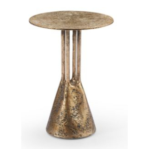 Mesa Auxiliar Redonda de Latón Hecha a Mano con Base Industrial Acampanada y Acabado Antiguo, Estética Marroquí o Global - Product Image 1