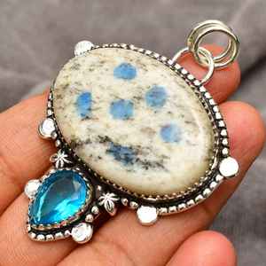Collier pendentif K2 Azurite fait main en argent sterling 925, bijoux en pierres précieuses, pierre naturelle bleue et blanche, collier pour femme, cadeau - Product Image 2
