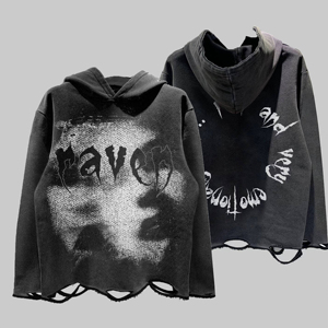 Sweat-shirt court à capuche Raven Gothic, coupe oversize, design découpé, imprimé par pulvérisation, en molleton bouclette pour homme, noir, style automne - Product Image 1