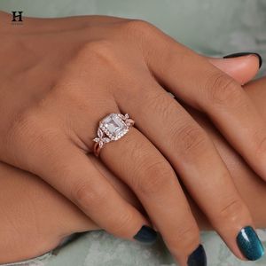 Anillo de Compromiso de Lujo con Diamante Cultivado en Laboratorio, Corte Esmeralda, Oro Rosa, Halo, Marquesa, Piedras Laterales Florales, Anillo de Boda - Product Image 2