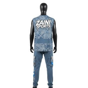 Conjunto de Mujer: Top sin Mangas y Pantalón Cargo de Algodón y Poliéster con Paneles Gráficos Azul Polvoriento y Blanco, Logotipo Personalizado con Serigrafía - Product Image 2