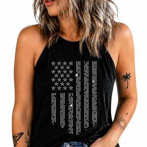 Wholesale Women Black Rhinestone Star Stripe Racerback Tank <b>Top</b> Sleeveless Summer Casual Graphic Vest Women's Shirts OEM Service - Product Image 6