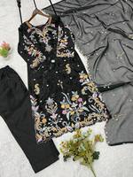 BAJU PESTA WANITA BAHAN SUTRA BORDIR HITAM UNTUK MUSIM PERNIKAHAN, MODEL SALWAR KAMEEZ DENGAN CELANA DAN DUPATTA, BISA DIBALIK, MENYERAP KERINGAT, FARSHI