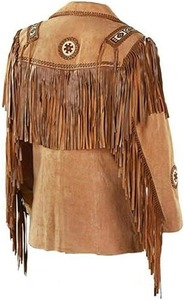 Chaqueta de Cuero de Gamuza para Hombre con Flecos y Cuentas Trenzadas Estilo Vaquero Occidental - Product Image 1