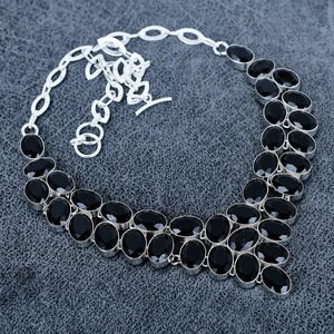 Silver Plated <b>Statement</b> <b>Necklace</b> Women's Oval Black Cubic Zirconia Link Chain 18 Inches Party Jewelry Classic Style - Product Image 1