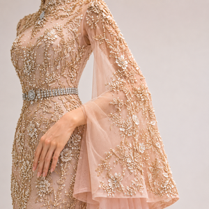 Vestido de Noche Largo Recto Rosa Rubor de Lujo con Bordado a Mano, Pedrería de Cristal y Mangas Cortas Transpirables para Mujer - Product Image 2