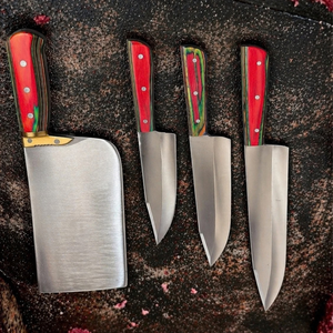 Ensemble de couteaux de boucher Qurbani DR 4 pièces, lames en acier carbone argenté, manches rouges et verts, hachoir à viande robuste, kit d'outils de découpe - Product Image 4