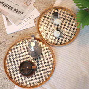 Premium Rattan Serving Tray Set <b>Black</b> White Plaid Mosaic Pearl Inlay Round Wicker Basket <b>Vanity</b> Organizer Wholesale - Product Image 1