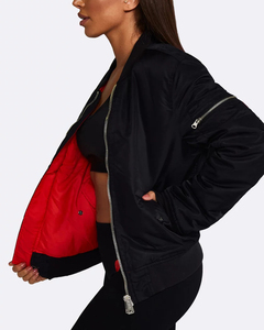 Blouson Bomber Noir Femme en Satin, Veste Décontractée Zippée Rembourrée Coupe-Vent, Manches Oversize avec Poches, Légère - Product Image 2