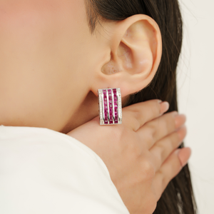 Solid 925 Sterling <b>Silver</b> Natural Ruby & Diamond July Birthstone Wide Statement <b>Stud</b> <b>Earrings</b> For Women's - Product Image 2