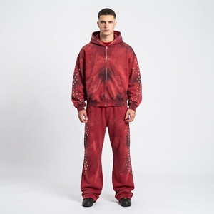 Men’s <b>Red</b> Rhinestone Embellished Tracksuit Set Zip Up <b>Hoodie</b> & Wide Leg Jogger Pants Streetwear Set - Product Image 1