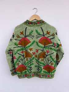 Veste matelassée en coton brodée style Suzani vert pour femme, col montant, motif floral vintage bohème, vêtement d'extérieur tissé pour festival d'hiver - Product Image 6