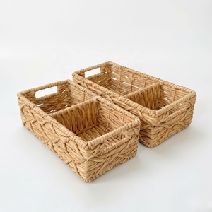 Paniers de rangement rectangulaires en jacinthe d'eau tressée, organisateur multi-compartiments en acier inoxydable, style vintage, durables, lot de 2 - Product Image 4