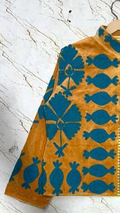 Veste Bohème en Velours Moutarde Brodé avec Motif Floral Bleu, Manches Longues, Col Montant, Vêtement d'Extérieur Bohème pour Femme Automne - Product Image 3