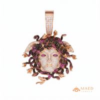 Moissanit Taşlı Medusa Başı Buzlu Hip Hop Unisex Kolye Ucu Gül Altın Kaplama Gümüş Lüks Moda Takı