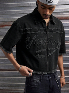 <b>Mens</b> Denim <b>Shirt</b> Washed Black Raw Edge Frayed Applique Cropped Short Sleeve Boxy Streetwear Distressed - Product Image 1