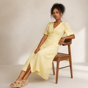 Vestido Midi con Optimización SEO, Estilo Bohemio, Ecológico, Cuello en V, Botones, Manga Corta, Casual, Lino Amarillo - Product Image 3