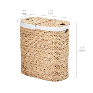 Handwoven Double Oval Water Hyacinth Laundry Hamper <b>With</b> <b>Lid</b>, 2-Compartment <b>Basket</b> <b>With</b> Cotton Liner For Bathroom, Vietnam Craft - Product Image 2