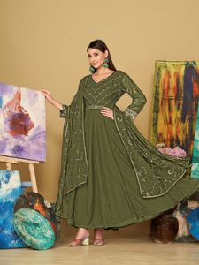 Women's Elegant <b>Light</b> Green Anarkali Suit Georgette Crepe 3/4 Sleeves Semi-Stitched for Festive Occasions Available at Low Price - Product Image 4