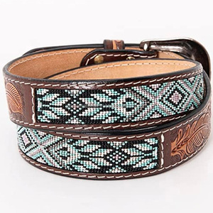 Ceinture en cuir de vache véritable de style occidental brun foncé avec détails perlés et boucle en alliage, largeur de 32 mm, longueur réglable - Product Image 1