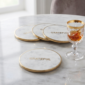 Peace White Marble Coasters Set of 4 Real Natural Stone Luxury Modern Aesthetic Eco-Friendly Semi Absorbent 100mm Diameter - Product Image 3
