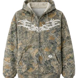 Y2K Style Men <b>Oversized</b> Zip Up Tree Camo <b>Hoodies</b> Custom Applique Patch Embroidery Heavyweight <b>Fleece</b> Streetwear <b>Hoodies</b> - Product Image 1