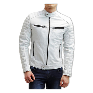 SHAFIQ SPORTS Men's <b>White</b> Genuine Leather Breathable Hooded Moto <b>Jacket</b> Stand Collar Zipper Closure Slim Fit <b>Short</b> Length Solid - Product Image 2