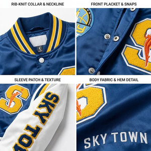 เสื้อแจ็คเก็ตบาสเก็ตบอล Sky Varsity สำหรับผู้ชาย สีน้ำเงิน ขาว เหลือง ปักโลโก้ สไตล์สปอร์ต ใส่ได้ทั้งฤดูใบไม้ร่วงและฤดูหนาว ทรงปกติ คอปกพับได้ - Product Image 6