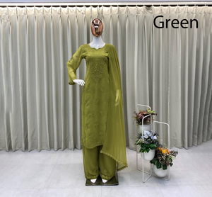 Conjunto de Salwar Kameez de Georgette Faux Bordado Verde, Corte Holgado, Largo Midi, Ropa Étnica Tradicional India y Pakistaní para Mujer, para Fiestas - Product Image 1