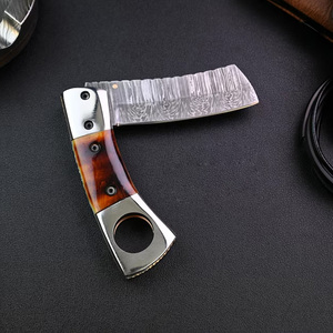 Handmade D2 Cigar Cutter Pocket <b>Knife</b> Blue Wood <b>Handle</b> Stylish With Leather Sheath - Product Image 1