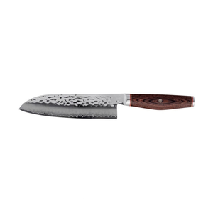 Cuchillos Santoku con mango de grano marrón y negro y hojas plateadas martilladas, con pasador decorativo, para cortar verduras, picar y preparar alimentos. - Product Image 4