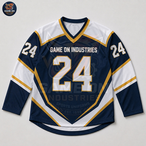 Full Sleeve Team Sportswear Sublimation Design Breathable Fabric Personalized Number Custom Navy Gold Ice Hockey Uniform - Product Image 6