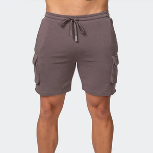 Shorts cargo gris uni en coton pour homme, taille mi-haute avec cordon de serrage, style décontracté, longueur bermuda, poches, tissu respirant - Product Image 2