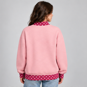 Women's Dusty <b>Pink</b> Mock Neck <b>Sweatshirt</b> with Deep <b>Pink</b> Polka Dot Trim and Varsity Graphic Long Sleeve Casual Pullover Custom - Product Image 3