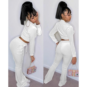 Vêtements d'automne, tenues sexy vintage pour femmes, haut court à fermeture éclair sur le devant, pantalon large long, ensemble en velours 2 pièces, survêtement en velours pour femmes - Product Image 4