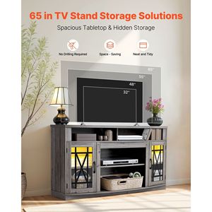 Centro de Entretenimiento Estilo Rústico, Mueble para TV de hasta 65 Pulgadas, Gabinete de Madera con Puertas de Vidrio y Tira de Luz - Product Image 2