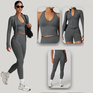 ชุดโยคะผู้หญิง เสื้อแจ็คเก็ตแขนยาวสำหรับวิ่ง สปอร์ตบรา กางเกงขาสั้นยืดหยุ่นสำหรับออกกำลังกาย กางเกงเลกกิ้งเอวสูงสำหรับออกกำลังกาย ผ้าไนลอนนุ่ม ชุดออกกำลังกายสำหรับผู้หญิง - Product Image 1