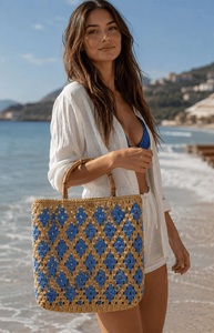 Sac fourre-tout en crochet écologique, motif losanges bleus, style bohème, ouverture supérieure, doublure en coton, sac à main d'été pour femme - Product Image 2