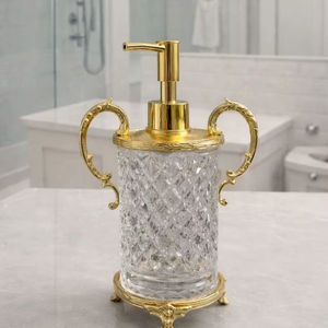 Dispensador de jabón líquido de vidrio de lujo con bomba metálica para baño, habitación de huéspedes, spa y ocasiones especiales, decoración de la India. - Product Image 1