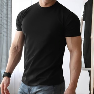 Camiseta de manga corta negra ajustada para hombre, cuello redondo, informal, básica, lisa - Product Image 4