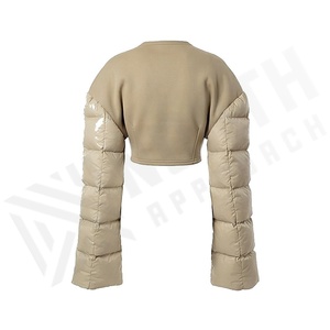 Beige Quilted Jacket Full Sleeve Drop Shoulder V Neck Zipper Closure Short Length Winter Wear Women's Outerwear - Product Image 2