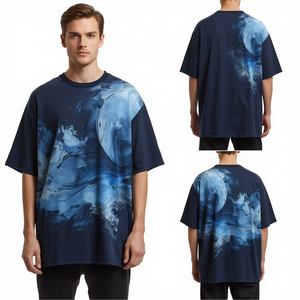 Nueva Llegada: Camiseta Gráfica Oversize Premium para Hombre, Color Azul Marino con Lavado Ácido, Algodón Pesado, Estilo Casual con Hombros Caídos - Product Image 2