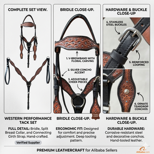 High Quality Western Horse Headstall with Conchos Braided Design <b>Tooled</b> <b>Leather</b> Bridle for Horse Riding Ranch <b>Work</b> Trail Riding - Product Image 3