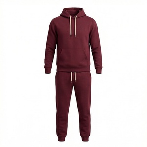 Men's <b>Maroon</b> Hooded Tracksuit Full Sleeve Solid Color Casual Wear With Drawstring And Side Pockets Regular Fit Autumn Style - Product Image 1
