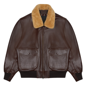 <b>Men</b>’s Dark Brown Genuine Leather Bomber <b>Jacket</b> Tan <b>Shearling</b> Collar Flap Pockets Premium Casual Winter Outerwear - Product Image 1