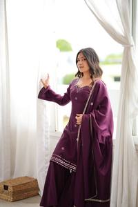 Pryosha Enterprise <b>Women</b> Eggplant Purple Bell Sleeve <b>Kurta</b> Mirror Embroidered Border Sharara Suit - Product Image 2