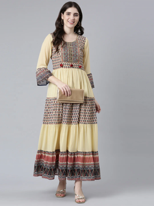 Elegant Beige Printed Tiered Maxi Dress with Ethnic Motifs Flowy Silhouette and <b>Three</b>-Quarter Sleeves for Festive Casual Wear - Product Image 5