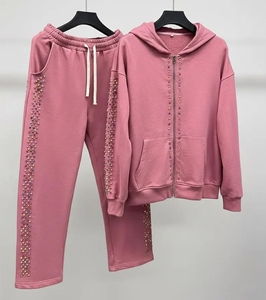Ensemble de survêtement rose à capuche pour femme, orné de strass, manches longues, fermeture éclair, coupe décontractée, couleur unie, idéal pour l'automne - Product Image 1